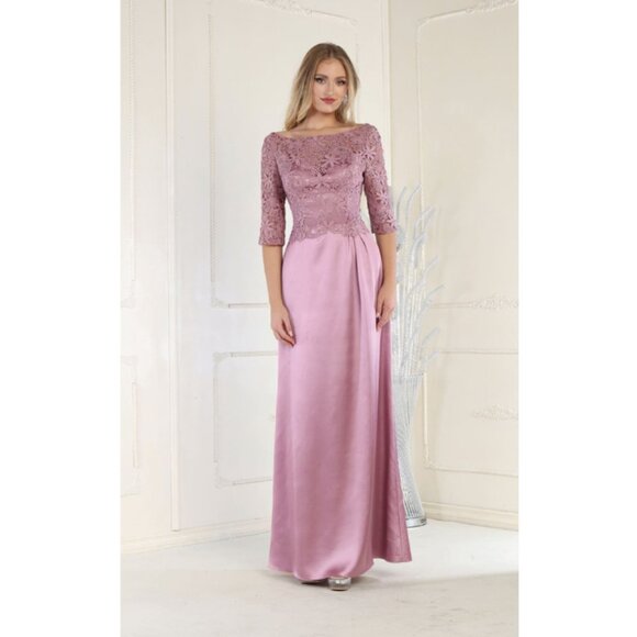 Mauve Formal Long Bateau Neck  3/4 Sleeve Sheath Dress By May Queen MQ1969 - Picture 1 of 3